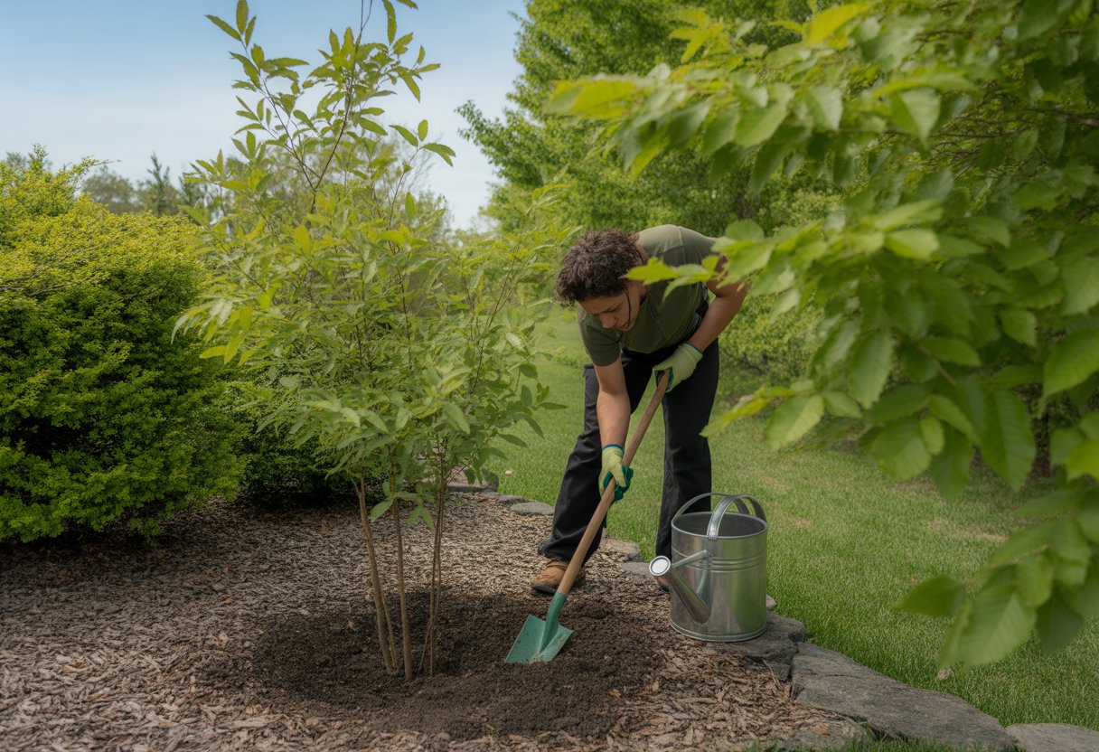 Person planting young sassafras trees in a landscaped garden with green shrubs and trees outdoors.