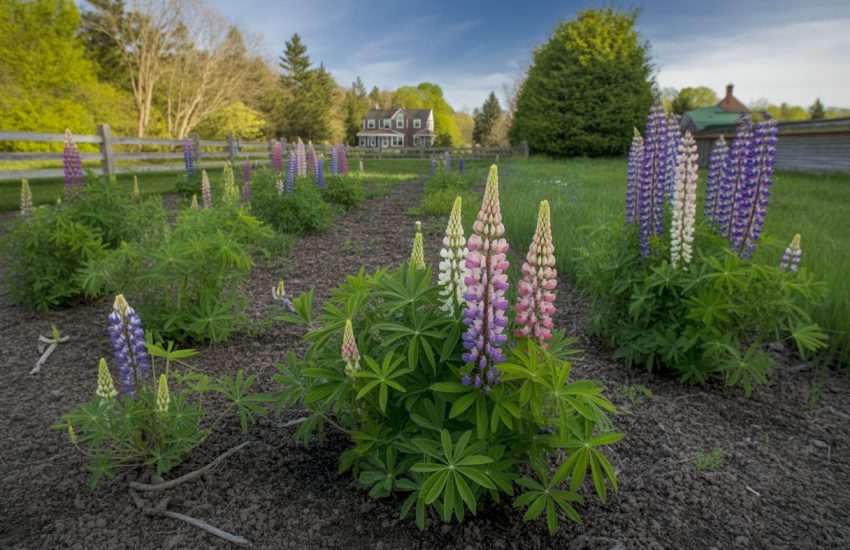A garden in early spring in Massachusetts with lupine plants growing in dark soil near a wooden fence and a house under a blue sky.