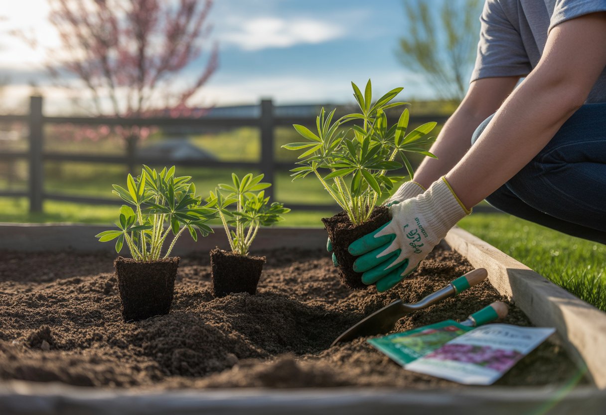 Hands planting lupine seedlings in freshly prepared soil in a garden with budding trees and a wooden fence in the background.