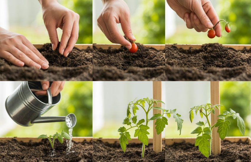 Four-step sequence showing hands preparing soil, planting tomato seeds, watering seedlings, and young tomato plants supported by stakes in a garden.