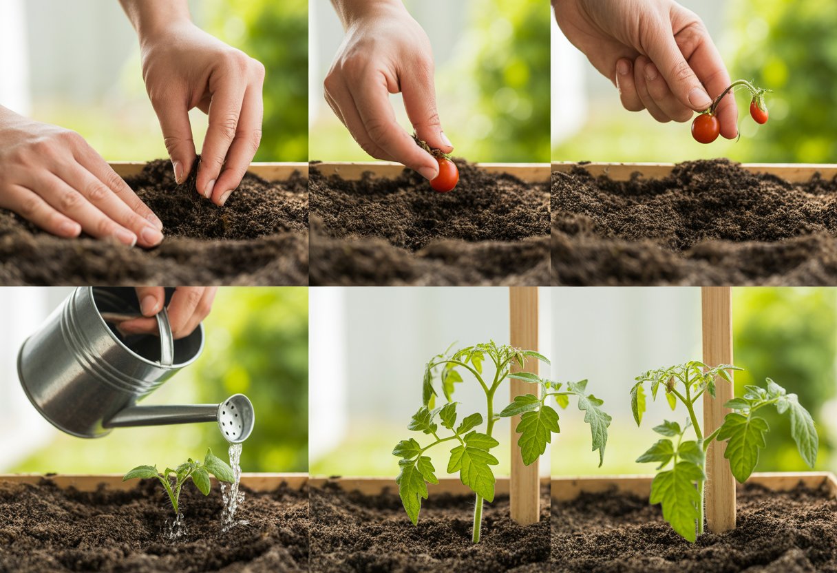 Four-step sequence showing hands preparing soil, planting tomato seeds, watering seedlings, and young tomato plants supported by stakes in a garden.
