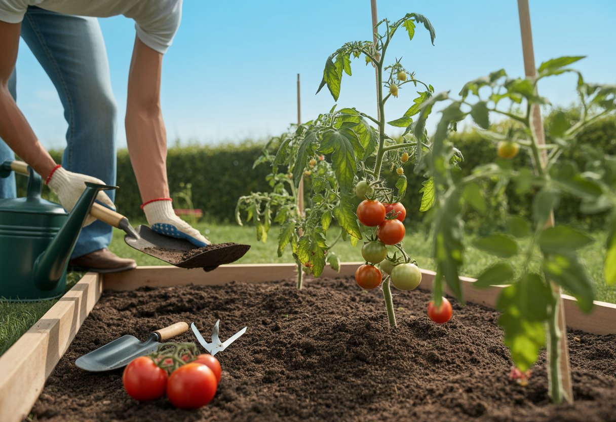 A gardener planting tomato seedlings in a sunny garden bed with healthy tomato plants and ripe red tomatoes on the vine.