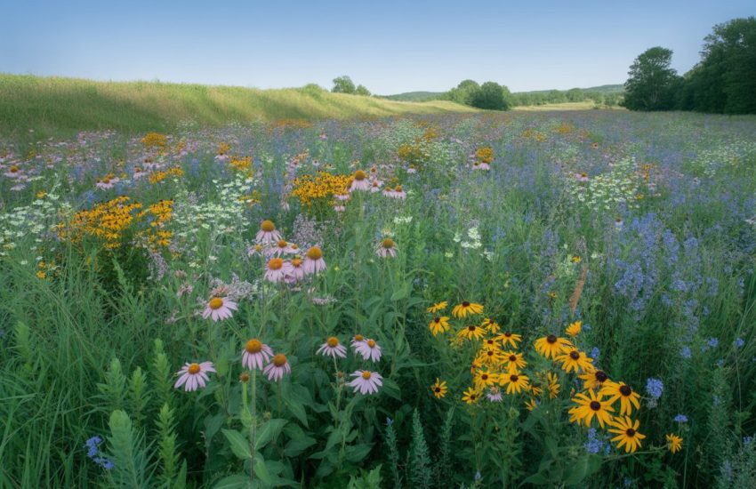 A colorful wildflower meadow in Missouri with various blooming flowers and green grasses under a clear blue sky.