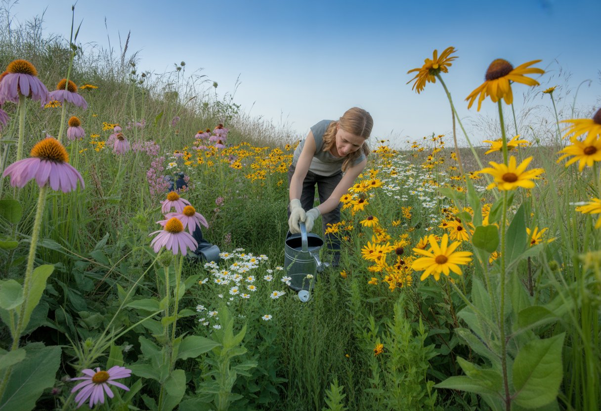 A person tending to a colorful wildflower meadow with various blooming flowers under a clear blue sky.