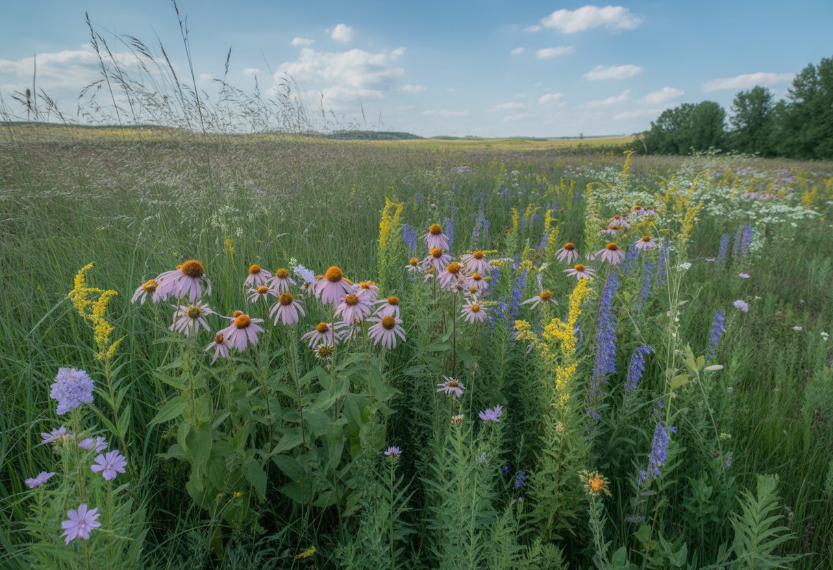 A colorful wildflower meadow with purple, yellow, and blue flowers and green grasses under a blue sky with hills and trees in the background.