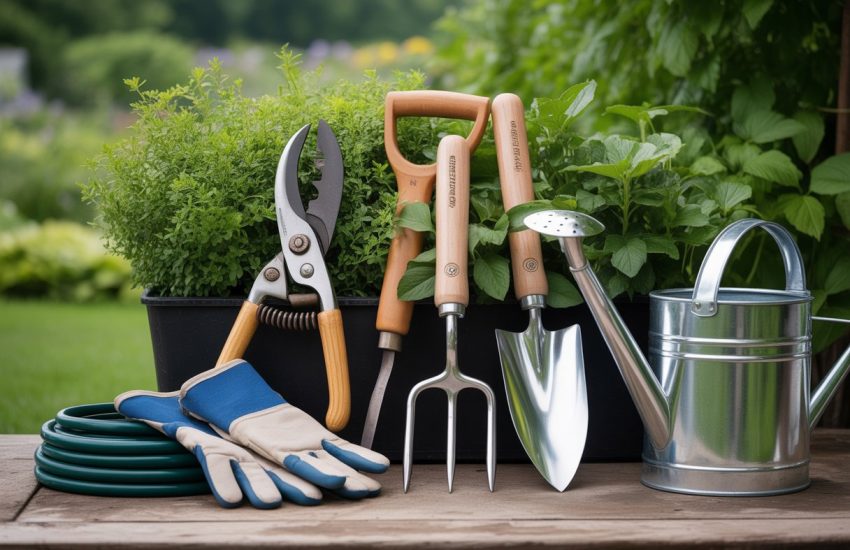A collection of gardening tools including pruning shears, hand trowel, garden fork, gloves, hose, and watering can arranged outdoors on a wooden table with green plants in the background.