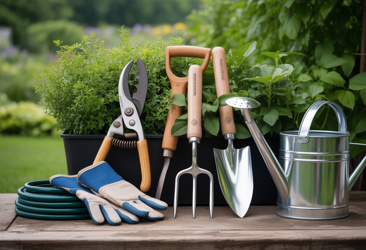 A collection of gardening tools including pruning shears, hand trowel, garden fork, gloves, hose, and watering can arranged outdoors on a wooden table with green plants in the background.