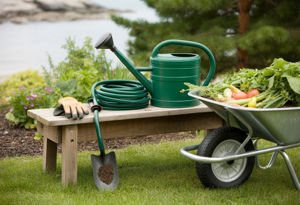 A garden bench outdoors holding a watering can, garden hose, gloves, trowel, and a wheelbarrow with vegetables, surrounded by green plants and trees.