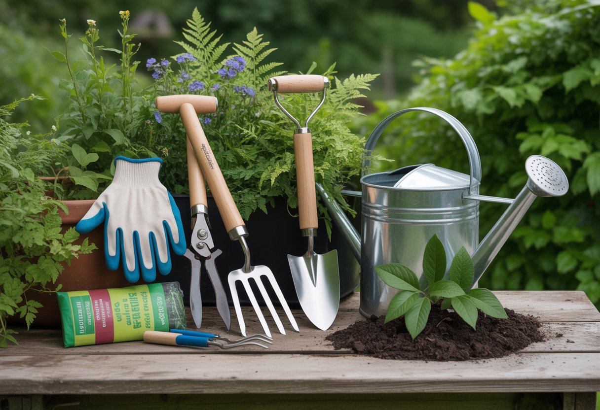 A collection of gardening tools arranged on a wooden table outdoors with green plants in the background.