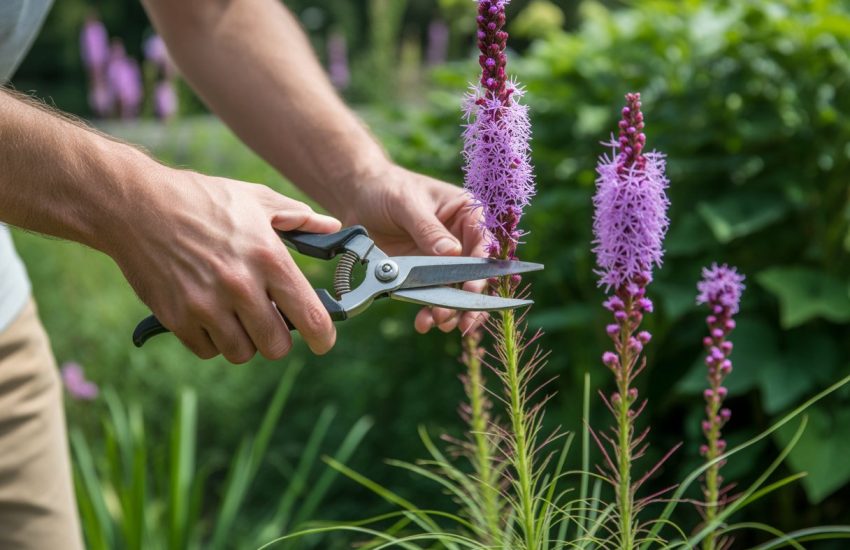 Hands pruning a blazing star plant with pruning shears in a garden.