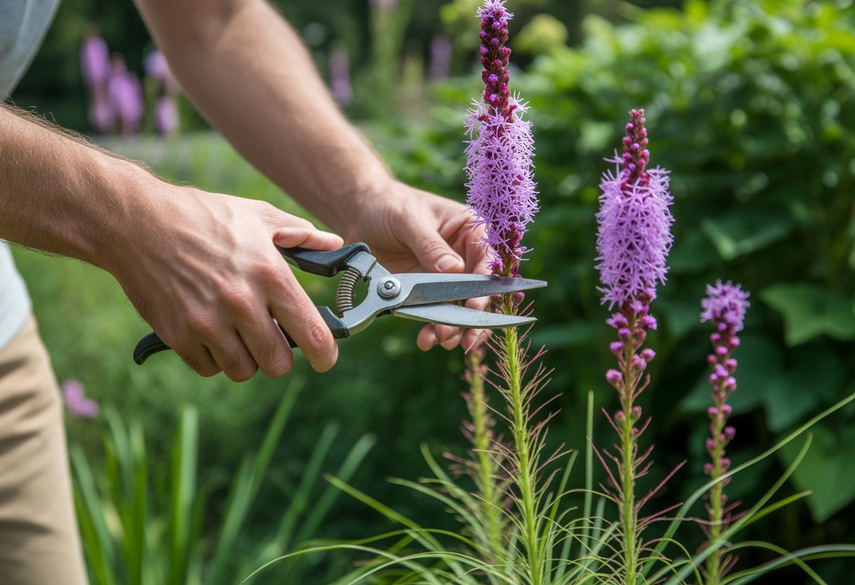 Hands pruning a blazing star plant with pruning shears in a garden.
