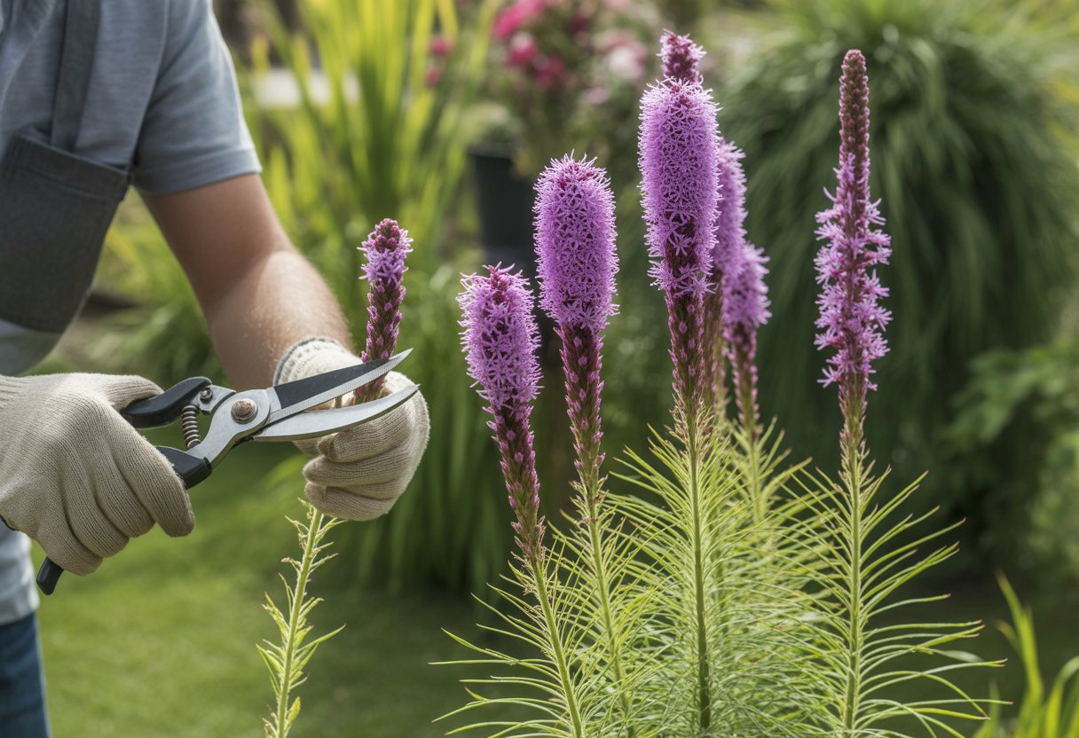 A gardener pruning a blooming blazing star plant with purple flower spikes in a sunny garden.