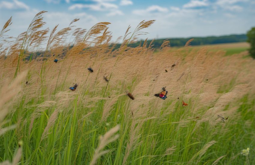 A field of tall switchgrass with bees, butterflies, and hummingbirds flying among the plants under a blue sky with clouds and distant hills.