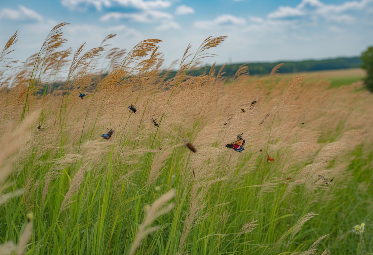 A field of tall switchgrass with bees, butterflies, and hummingbirds flying among the plants under a blue sky with clouds and distant hills.