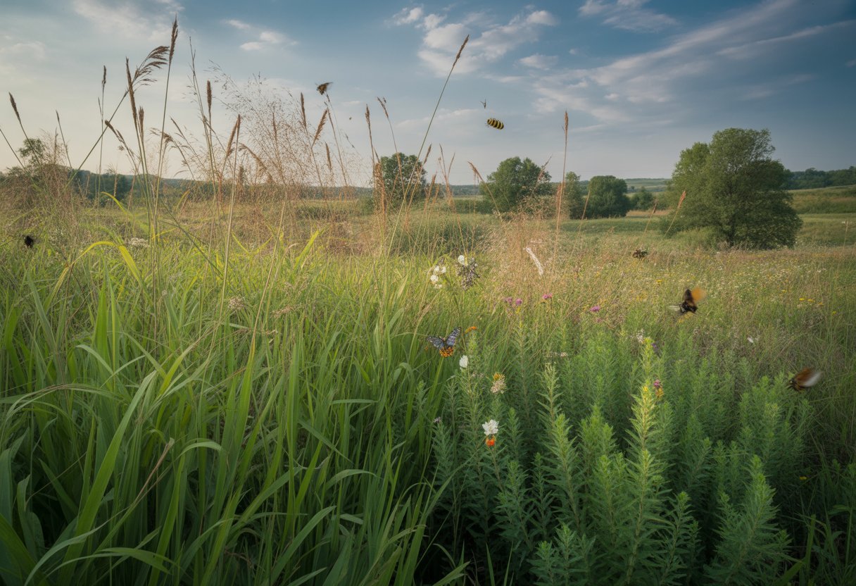 A green field of tall switchgrass with wildflowers and pollinators like bees and butterflies in an Ohio landscape with rolling hills and trees in the background.
