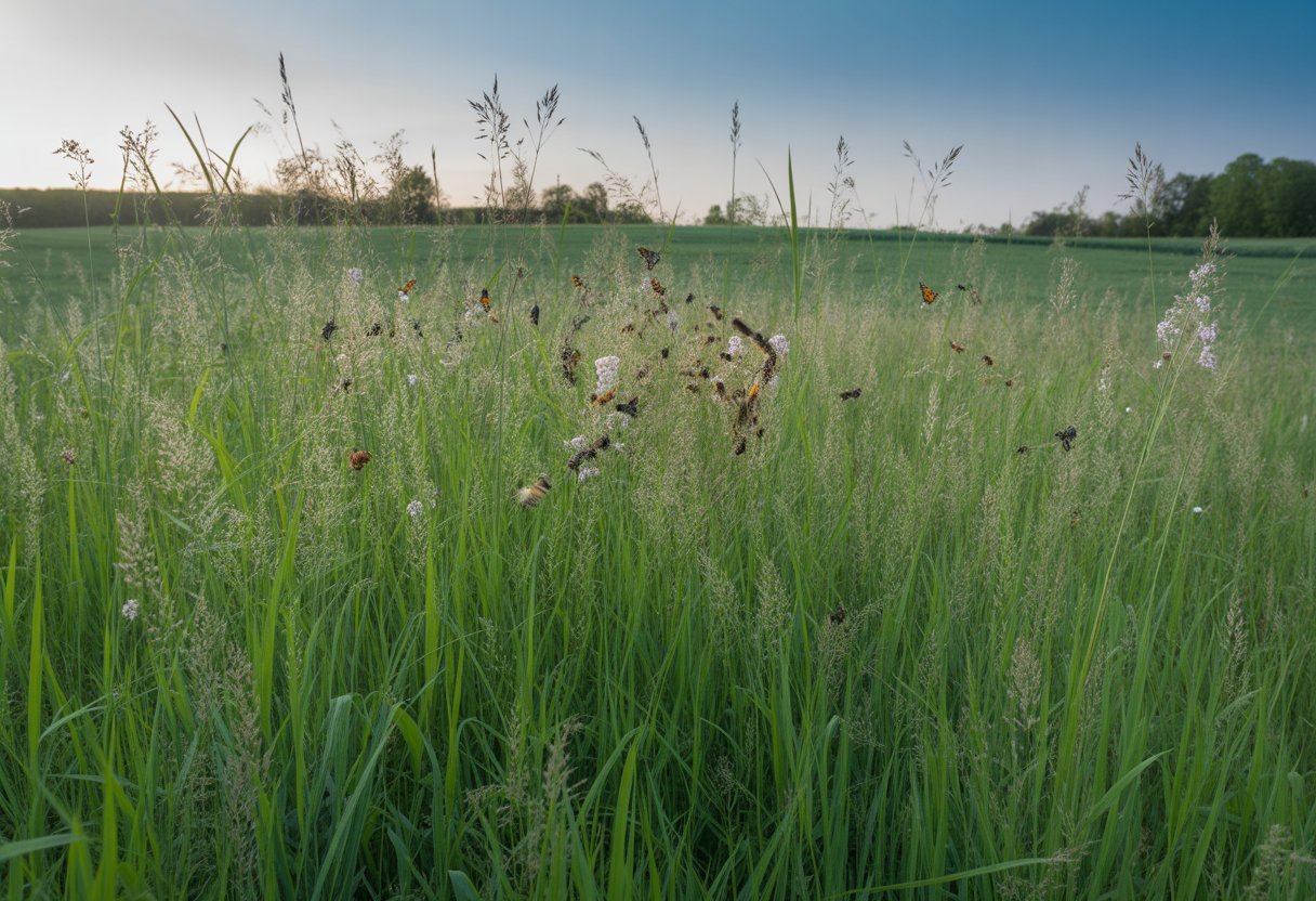 A green switchgrass field in Ohio with bees and butterflies flying among the tall grass under a clear blue sky.