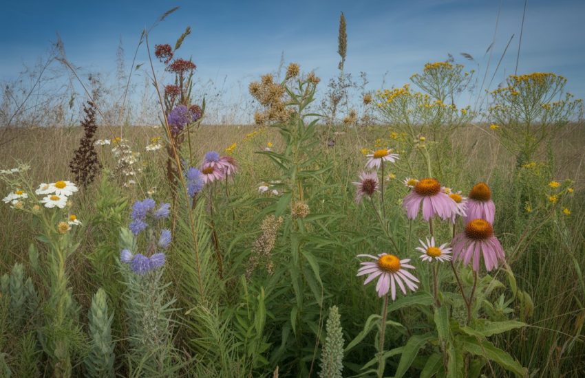 A natural prairie scene in North Dakota with drought-tolerant native plants including purple coneflowers, goldenrods, and prairie grasses under a clear blue sky.