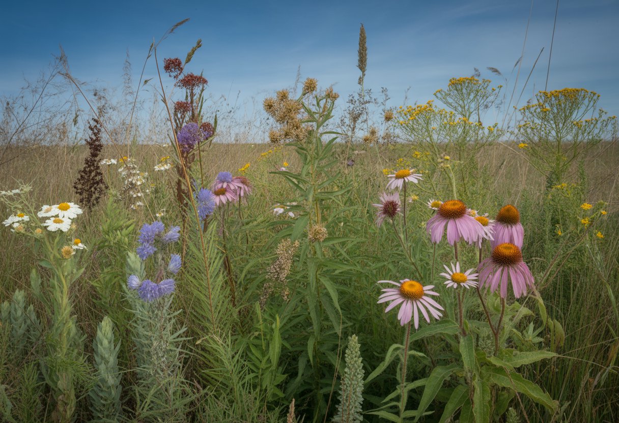 A natural prairie scene in North Dakota with drought-tolerant native plants including purple coneflowers, goldenrods, and prairie grasses under a clear blue sky.