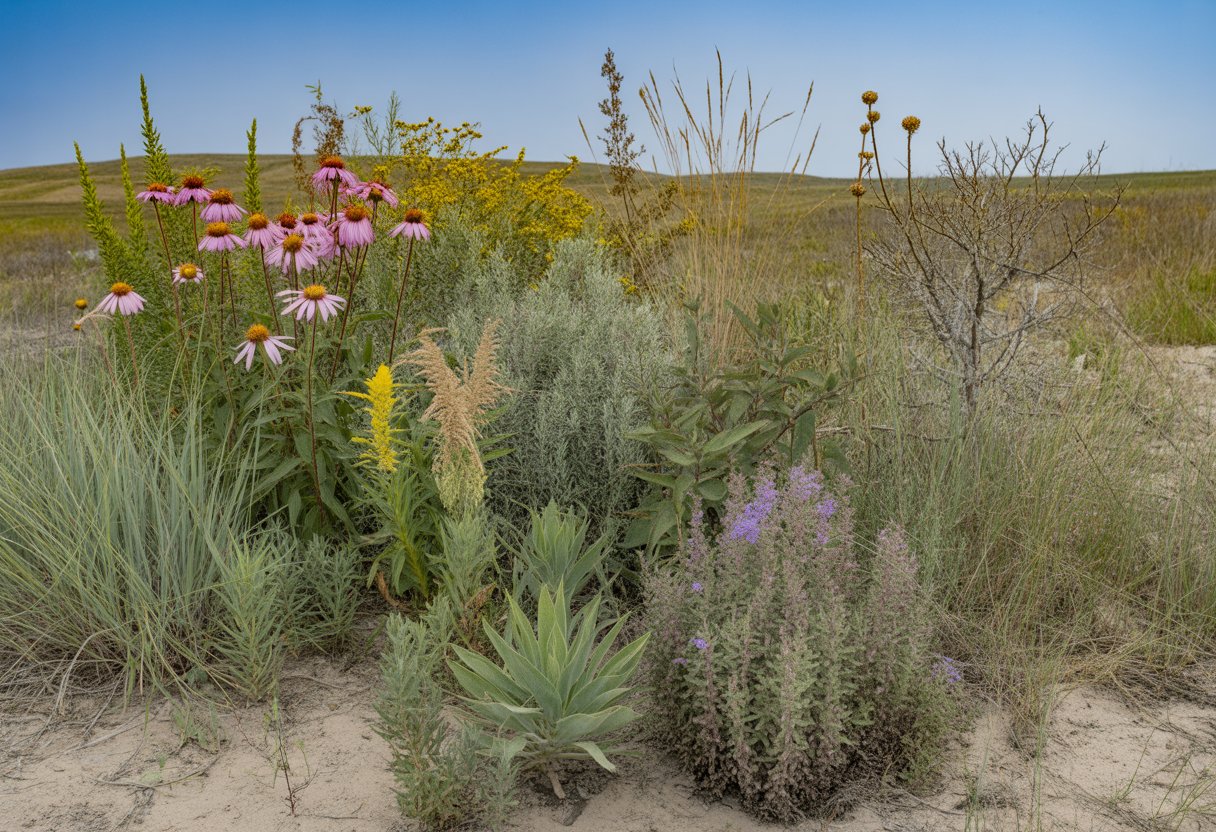 A natural prairie landscape in North Dakota featuring drought tolerant native plants like purple coneflowers, little bluestem grass, prairie sage, and goldenrod growing in dry soil under a clear blue sky.