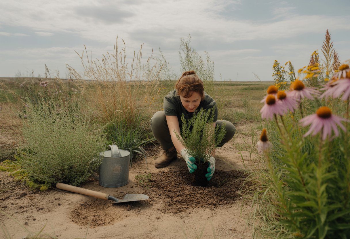A person planting drought-tolerant native plants in dry soil with prairie grasses and flowers in the background under a partly cloudy sky.