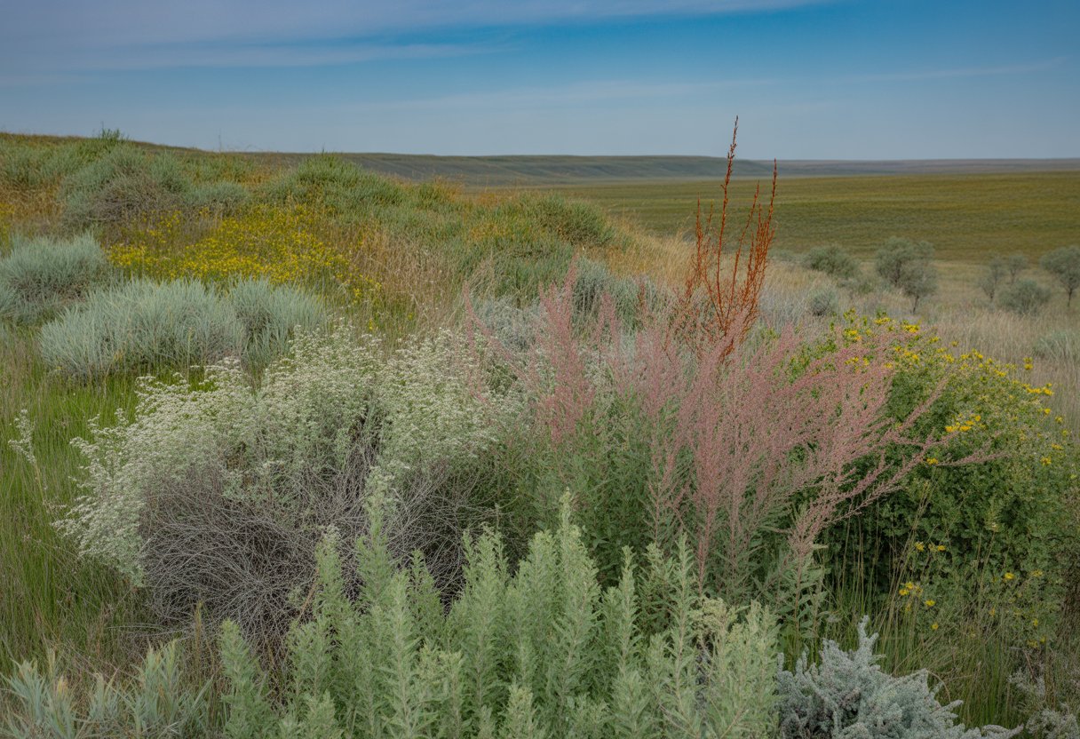 A North Dakota landscape with drought-tolerant native plants growing on rolling plains under a clear blue sky.