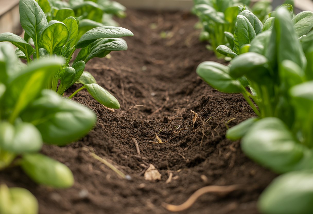 Close-up of dark, rich soil with healthy green spinach plants growing in a garden bed.