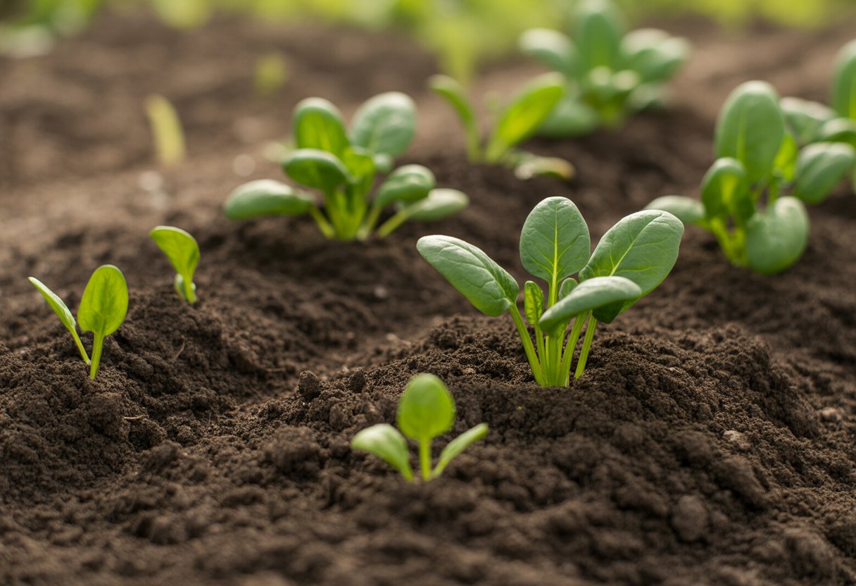 Close-up of dark, moist soil with young spinach seedlings growing from it in a garden setting.