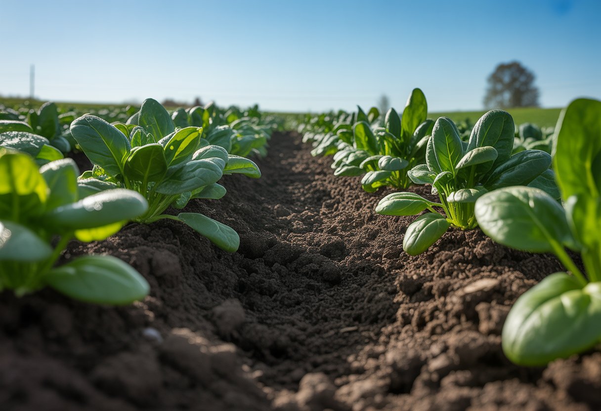 A healthy spinach field with rich dark soil and green spinach plants growing under a clear blue sky.