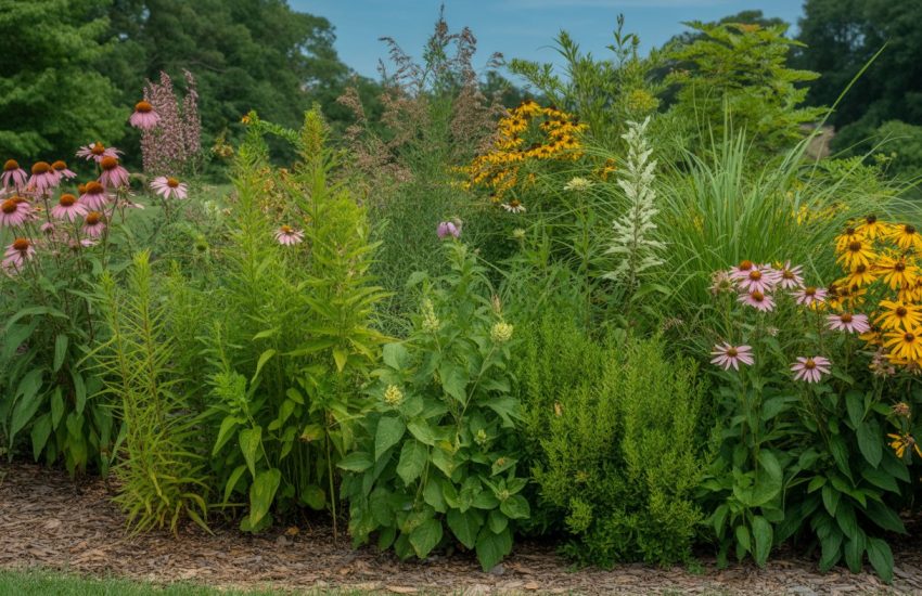A garden bed with green foliage and native Virginia plants including purple coneflowers and black-eyed Susans under a clear blue sky.