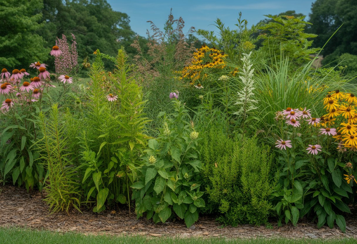 A garden bed with green foliage and native Virginia plants including purple coneflowers and black-eyed Susans under a clear blue sky.