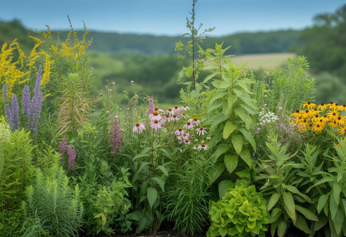 A sunny garden with various native Virginia plants including wildflowers and green foliage growing naturally in a scenic outdoor setting.