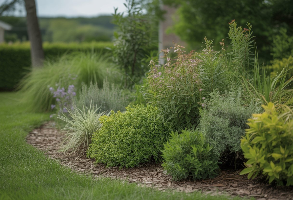 A garden with native Virginia plants including shrubs, flowers, and grasses arranged along a stone path under natural daylight.