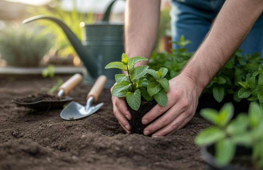 Hands planting mint seedlings in soil outdoors with gardening tools nearby under a clear sky.