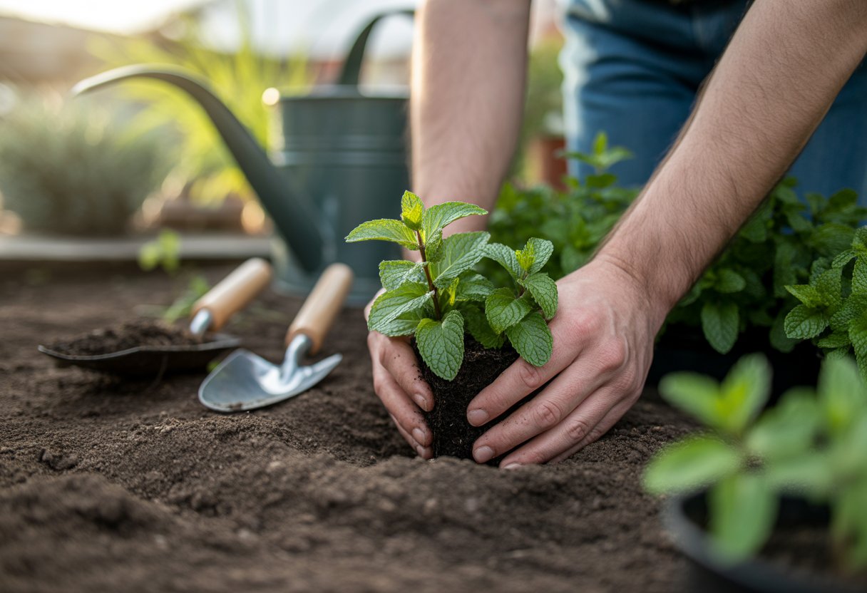 Hands planting mint seedlings in soil outdoors with gardening tools nearby under a clear sky.