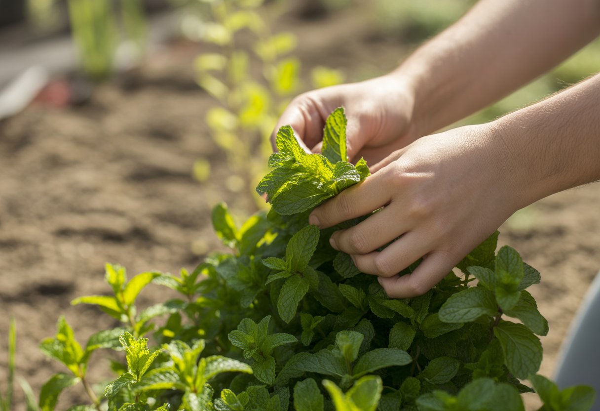 Hands holding fresh green mint leaves outdoors in a garden with soil and plants in the background.