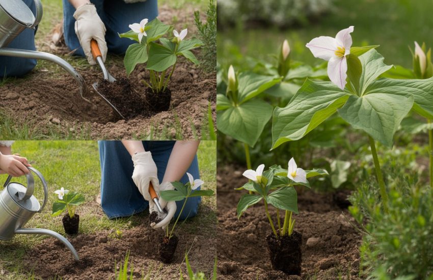 A gardener planting trillium flowers in a garden, showing soil preparation, placing the plant, covering with soil, and watering.