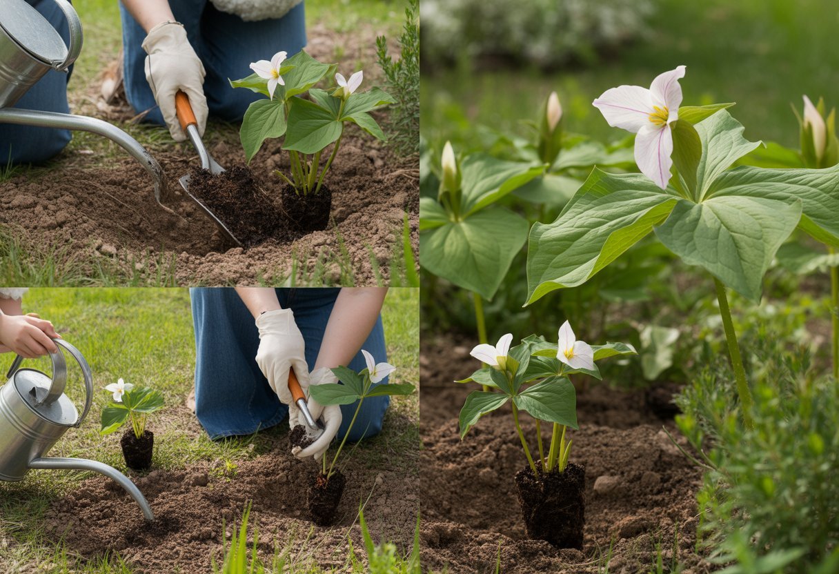 Step by Step Trillium Planting Guide for Healthy Growth and Care - PlantNative.org A gardener planting trillium flowers in a garden, showing soil preparation, placing the plant, covering with soil, and watering.