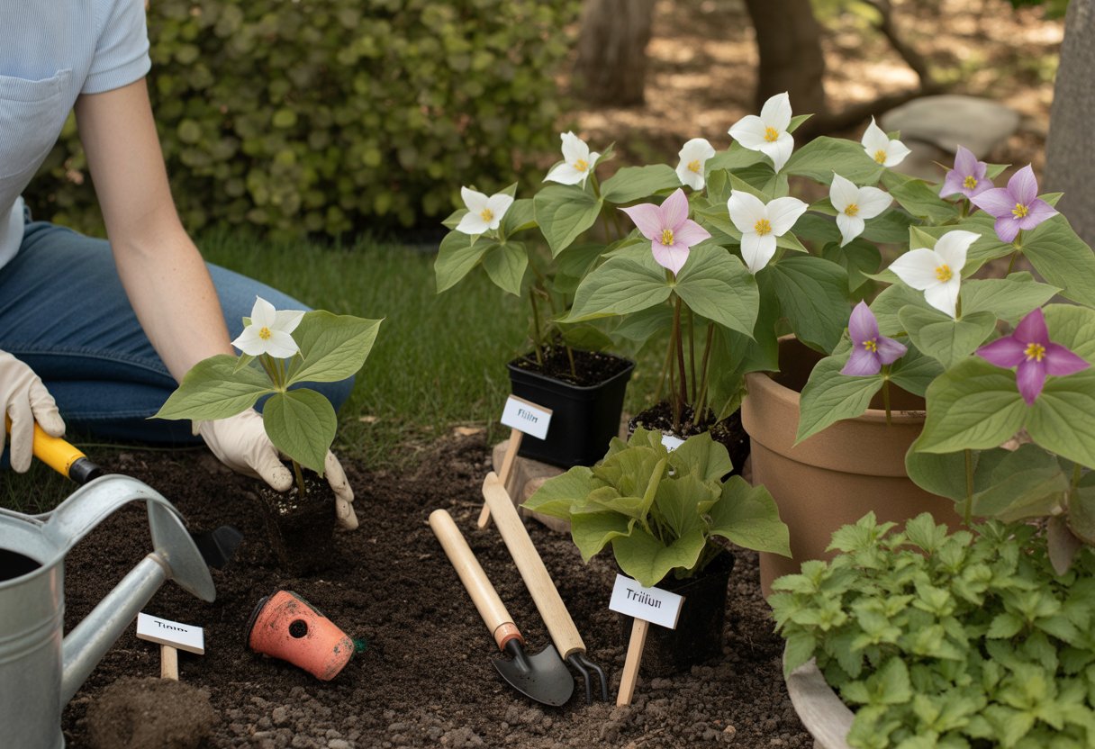 Step by Step Trillium Planting Guide for Healthy Growth and Care - PlantNative.org Hands planting a trillium seedling in soil surrounded by various trillium plants and gardening tools in a garden setting.