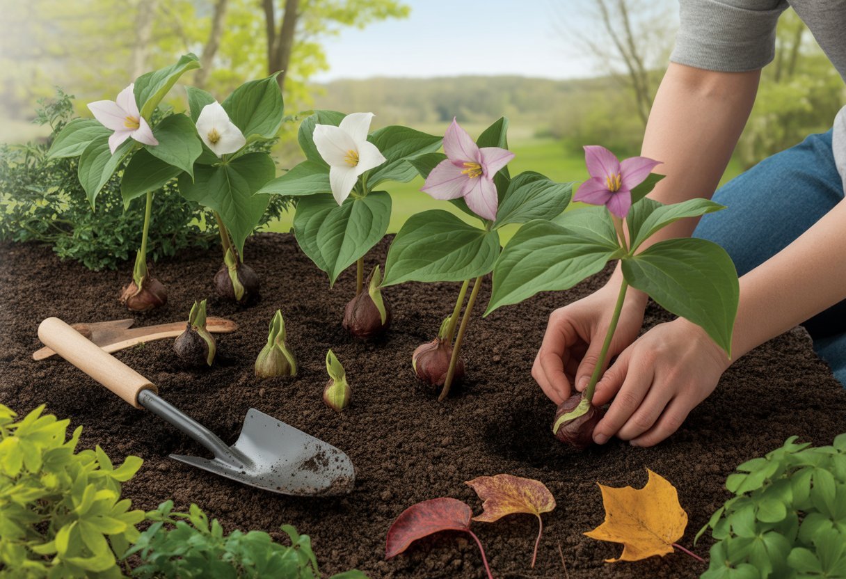 Step by Step Trillium Planting Guide for Healthy Growth and Care - PlantNative.org Hands planting trillium flowers in a garden bed with healthy plants and seasonal leaves around.