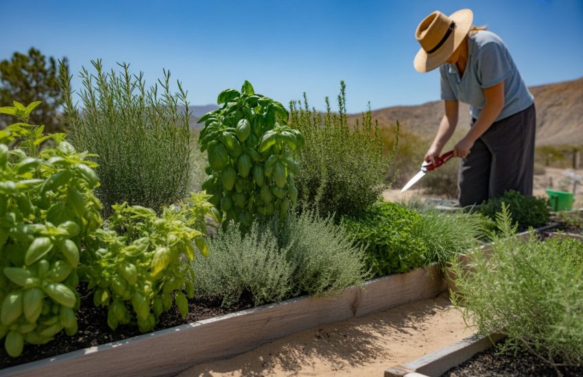 A gardener tending to a variety of herbs growing in raised beds with a desert landscape in the background.