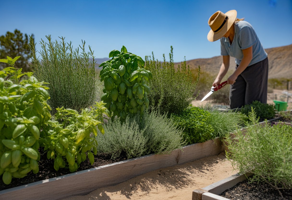 A gardener tending to a variety of herbs growing in raised beds with a desert landscape in the background.