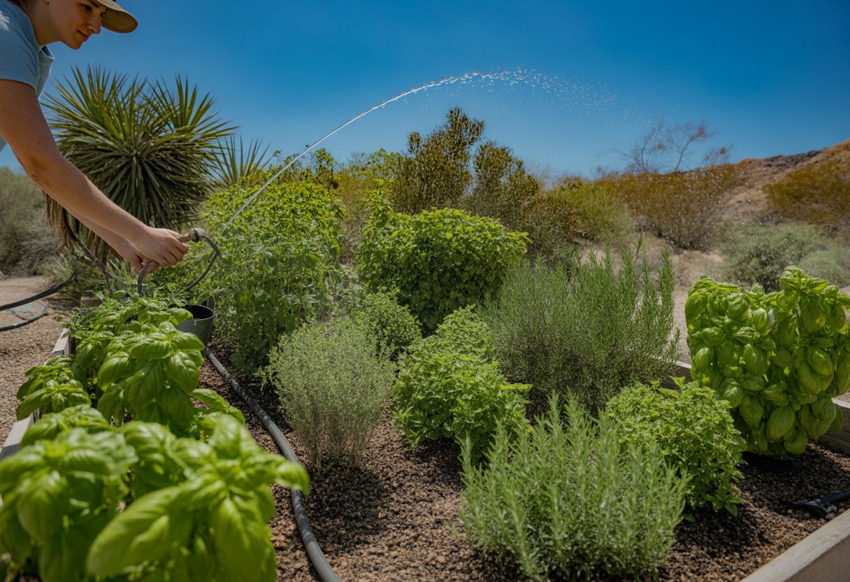 A person watering a thriving herb garden with drip irrigation in a sunny Nevada outdoor setting surrounded by desert plants and clear sky.
