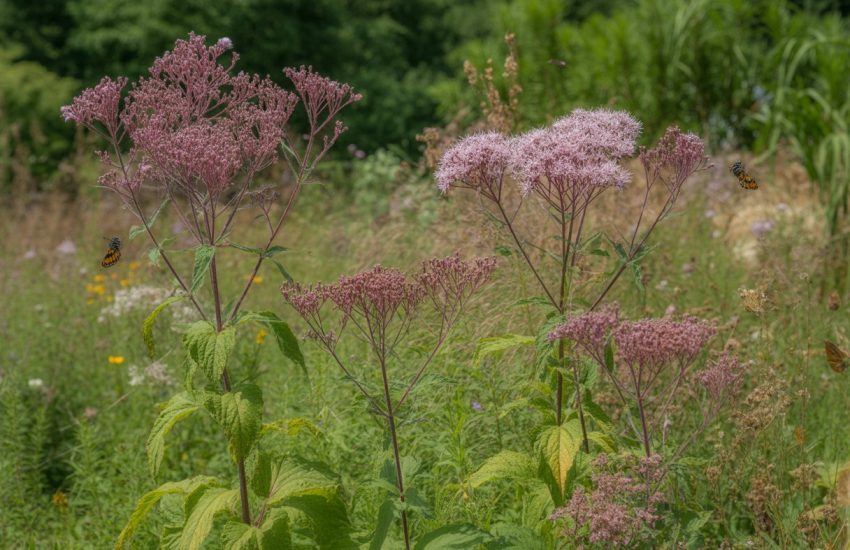 A garden with tall purple-pink Joe Pye Weed flowers surrounded by green plants and pollinators like butterflies and bees.
