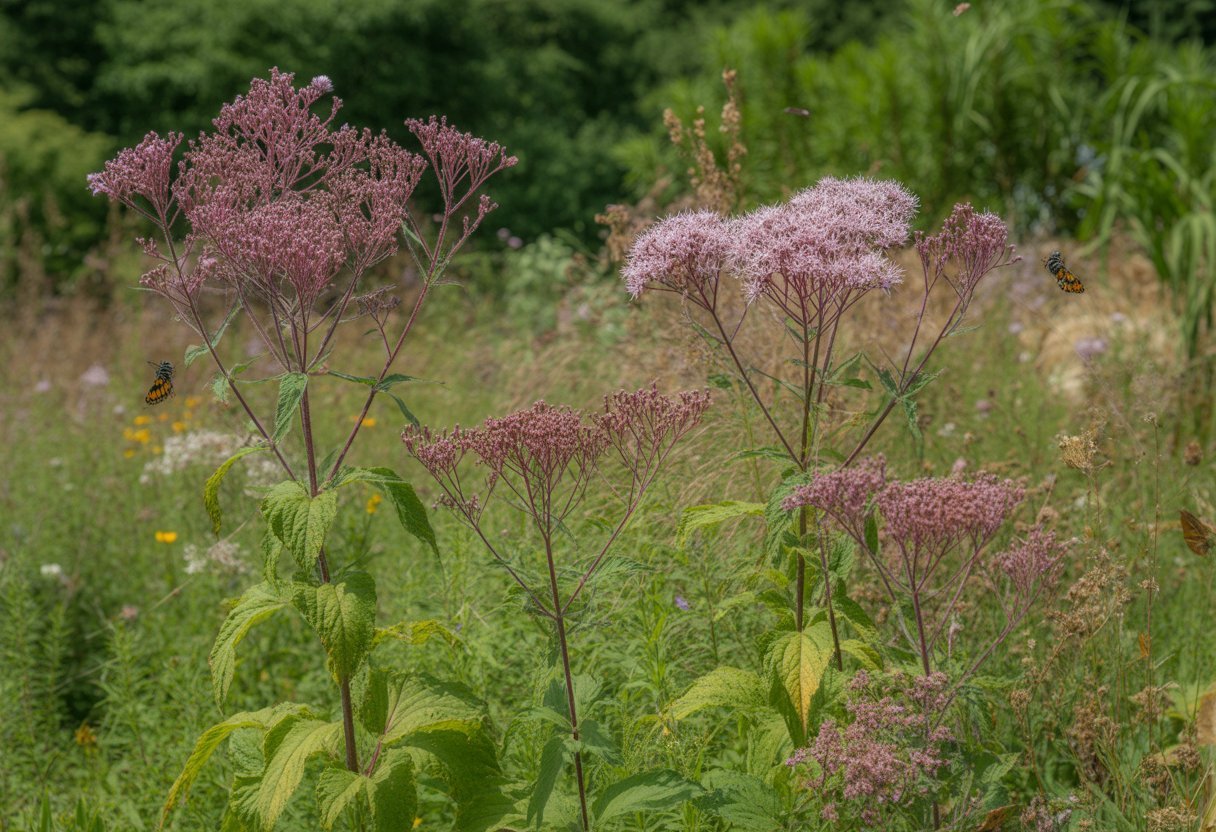 A garden with tall purple-pink Joe Pye Weed flowers surrounded by green plants and pollinators like butterflies and bees.