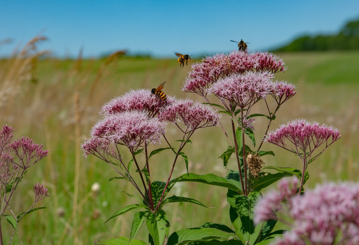 Close-up of native Joe Pye Weed flowers with bees and butterflies in a natural meadow.