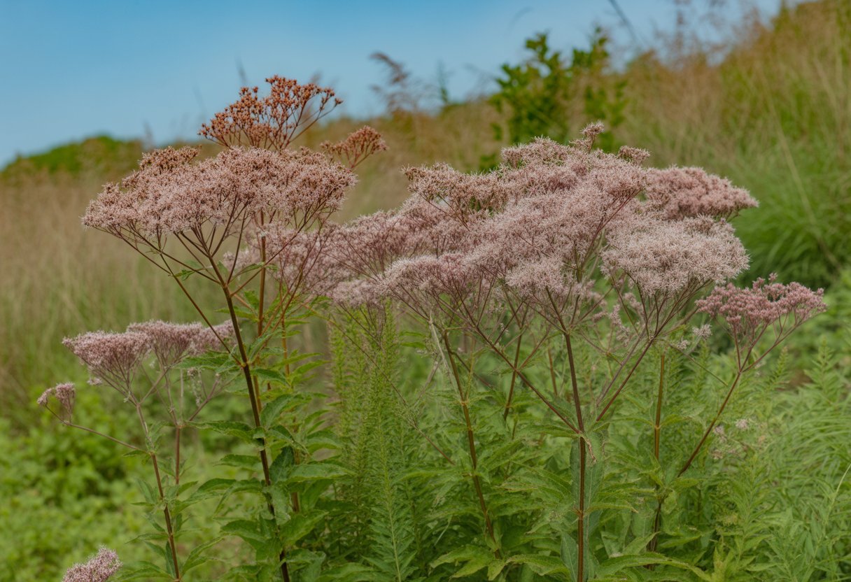A cluster of tall Joe Pye weed plants with pinkish-purple flowers growing in a natural meadow under a clear sky.