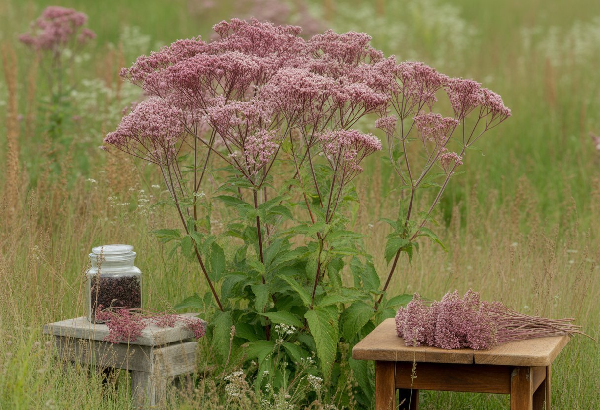 A blooming Joe Pye weed plant with pinkish-purple flowers in a natural meadow setting, accompanied by herbal jars and dried plant materials on a wooden table.