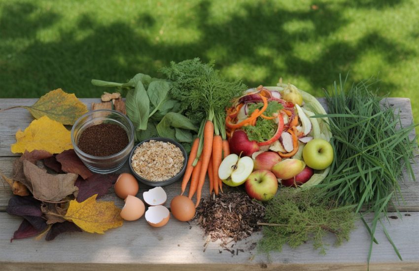 An outdoor scene showing a variety of compost materials including vegetable scraps, coffee grounds, eggshells, dry leaves, grass clippings, and twigs arranged on a wooden table with a green garden in the background.