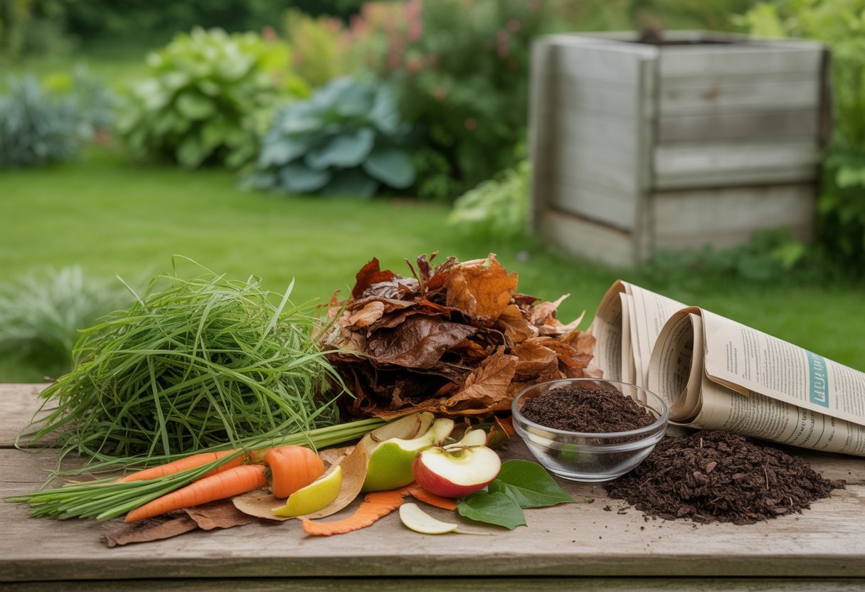 A variety of compost materials including grass clippings, dried leaves, vegetable scraps, coffee grounds, shredded newspaper, and soil arranged on a wooden table outdoors with a garden and compost bin in the background.