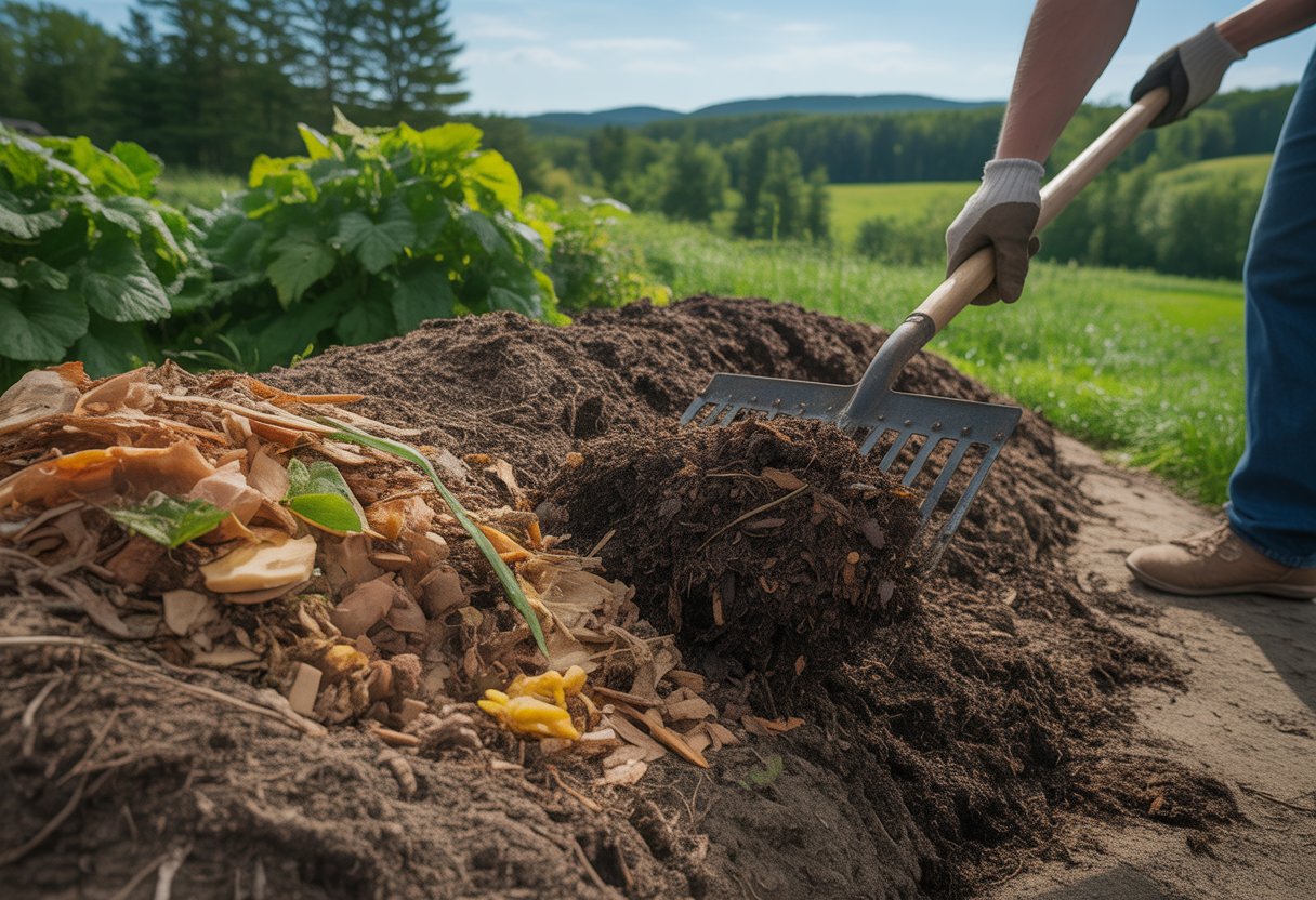 A gardener spreading compost over rich soil in a garden with green plants and hills in the background.